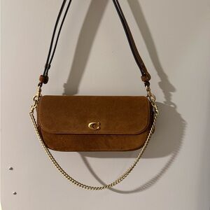 Coach Brook Flap Brown Suede Purse with Gold Dinky Chain